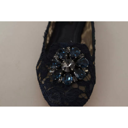Dolce & Gabbana Blue Crystal Loafer Lace Ballet Flats Shoes