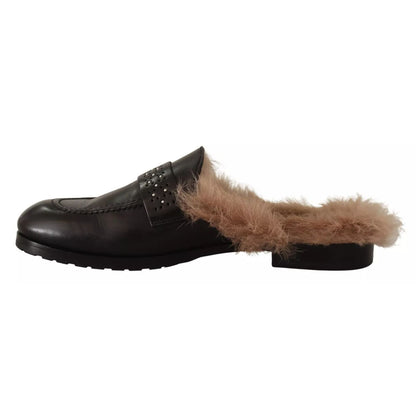 Peserico Black Leather Fur Perforated Slip On Flats Shoes Peserico