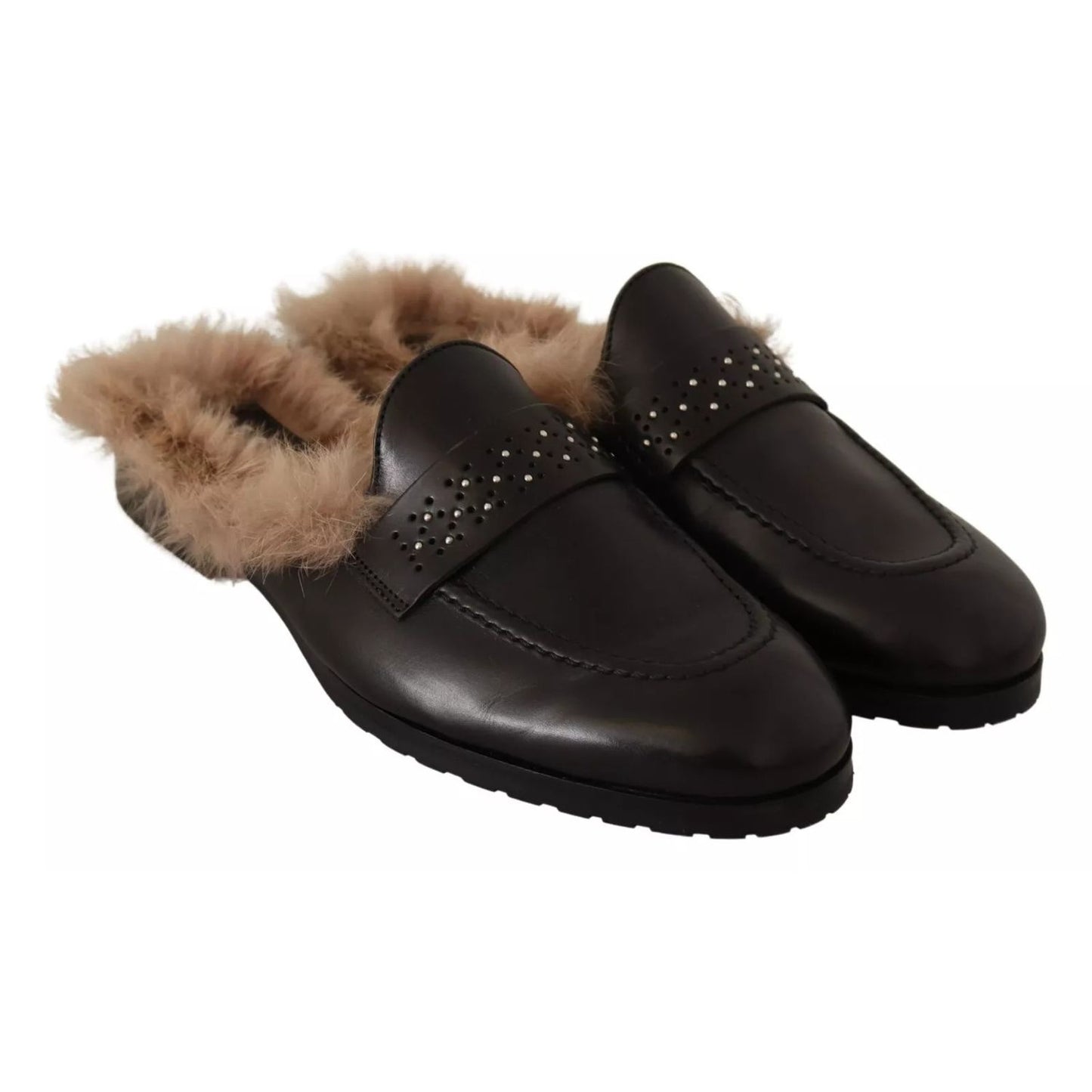 Peserico Black Leather Fur Perforated Slip On Flats Shoes Peserico