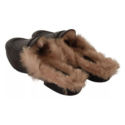 Peserico Black Leather Fur Perforated Slip On Flats Shoes Peserico