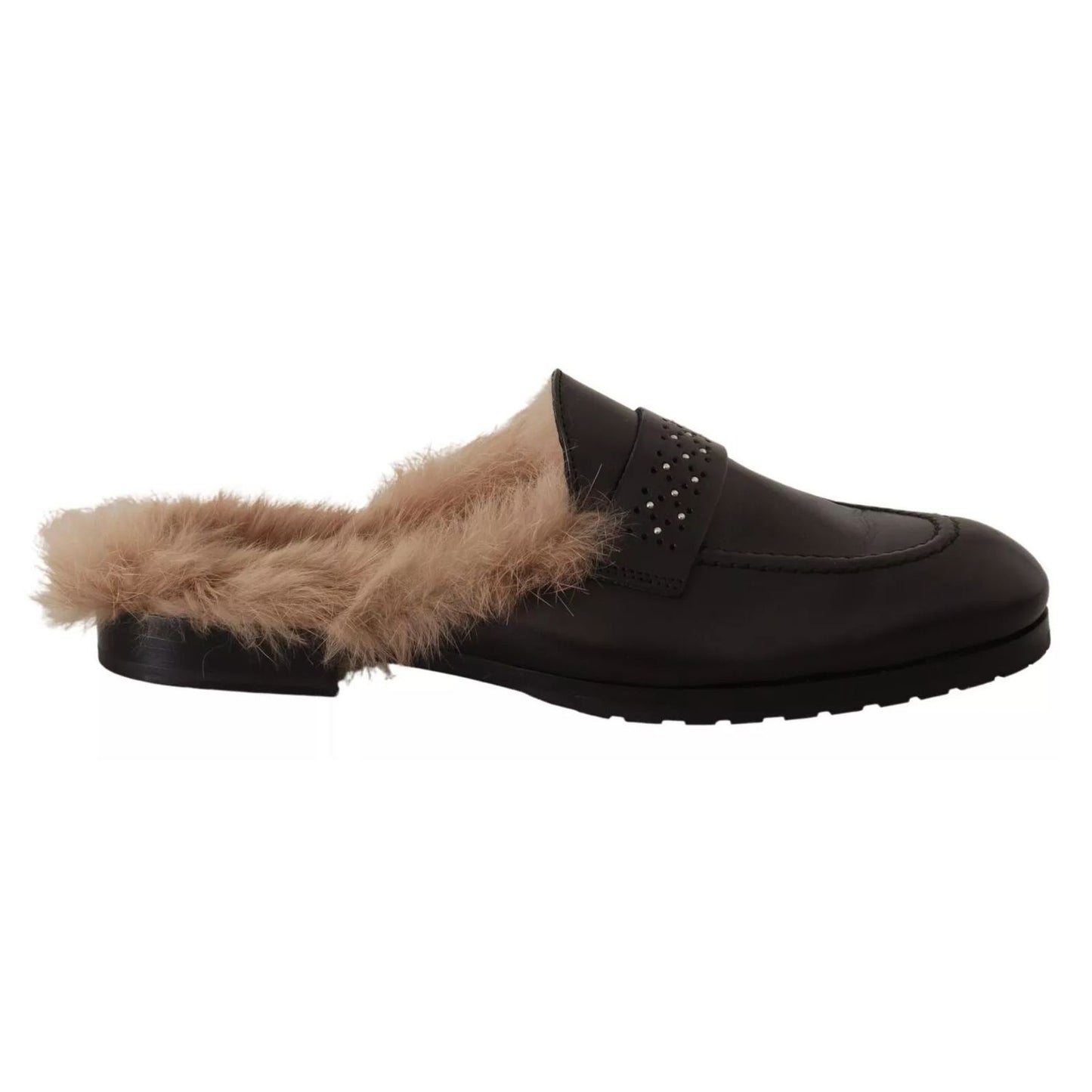 Peserico Black Leather Fur Perforated Slip On Flats Shoes Peserico