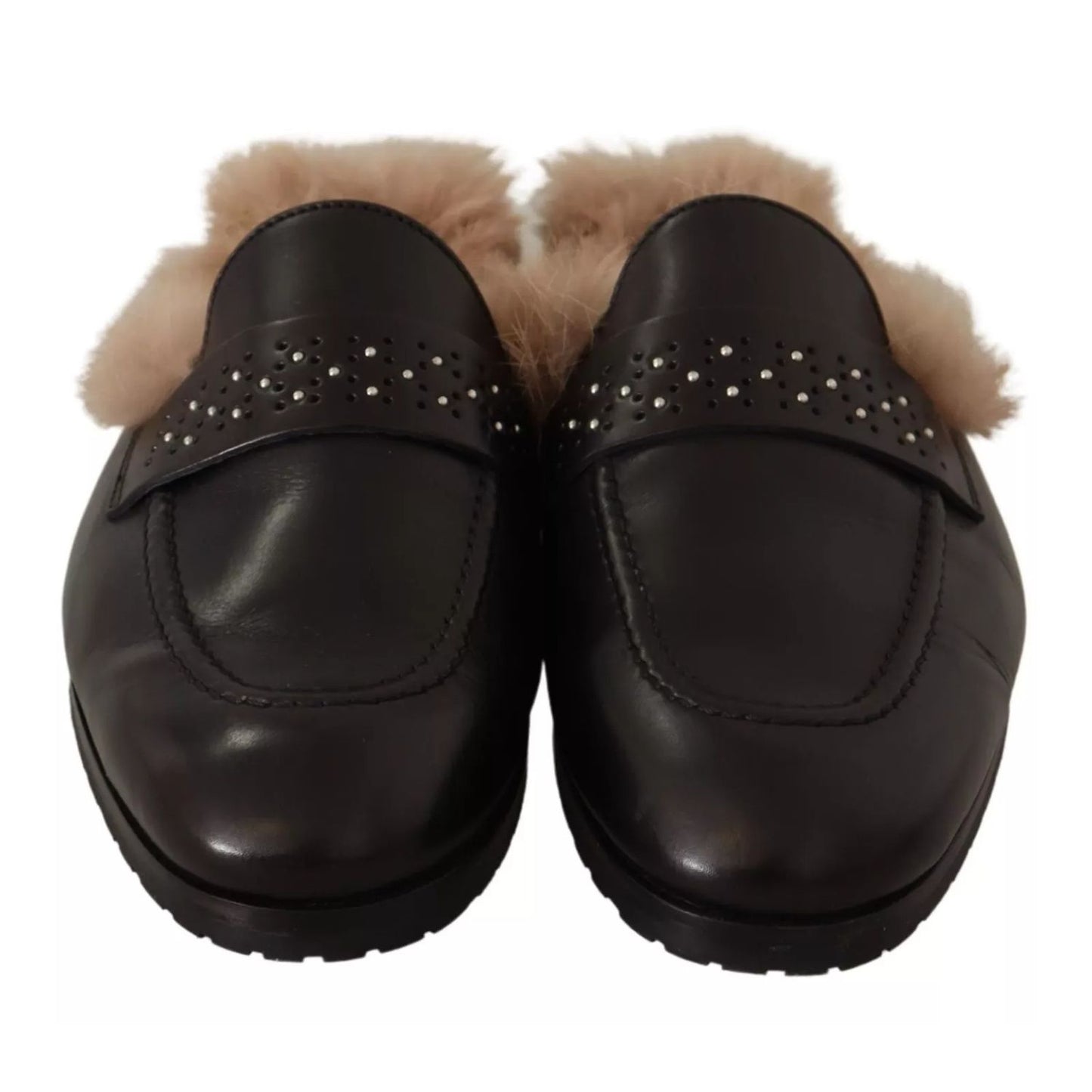 Peserico Black Leather Fur Perforated Slip On Flats Shoes Peserico