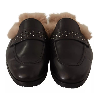 Peserico Black Leather Fur Perforated Slip On Flats Shoes Peserico