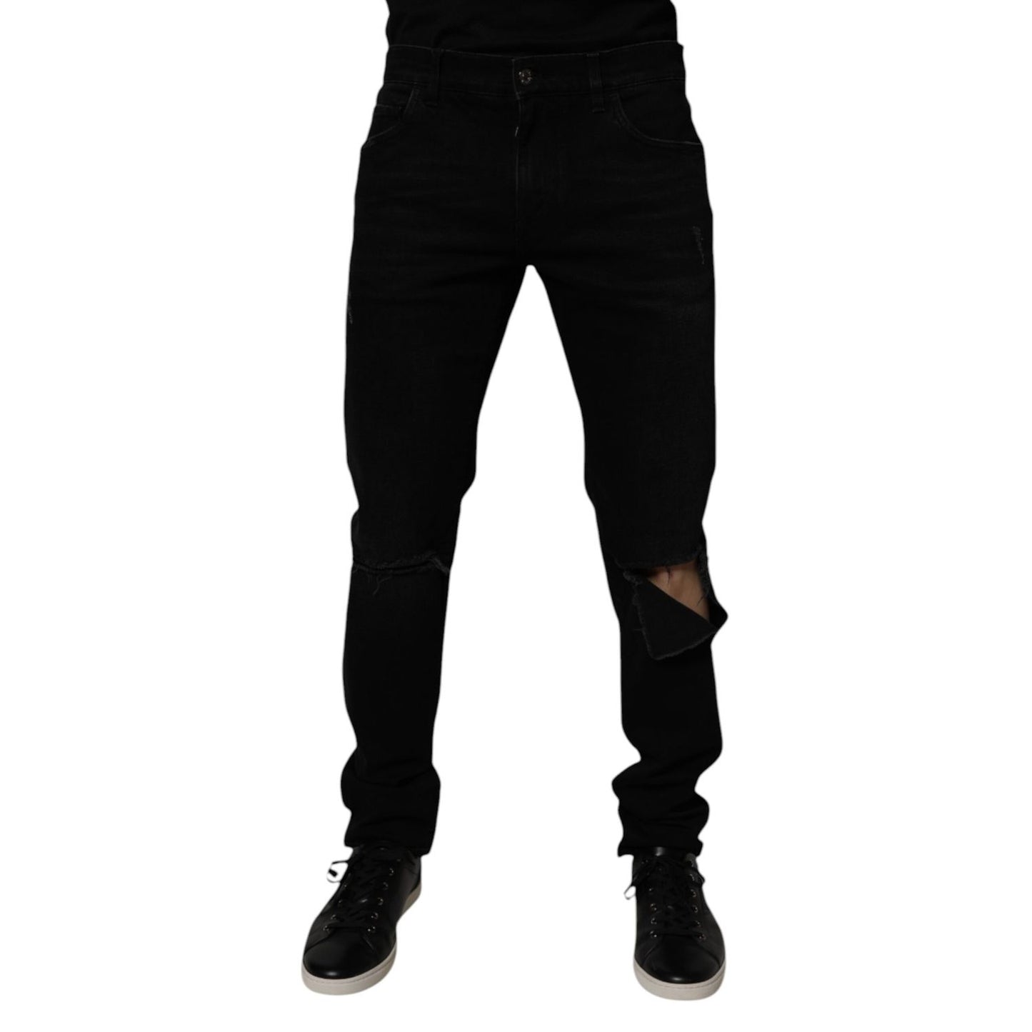 Dolce & Gabbana Black Cotton Tattered Skinny Men Denim Jeans Dolce & Gabbana