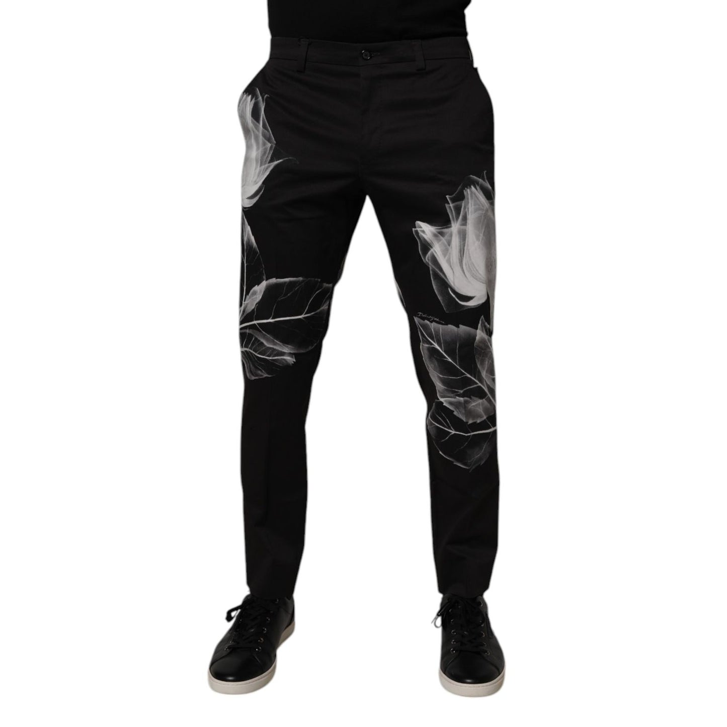 Dolce & Gabbana Black Cotton Floral Skinny Dress Pants Dolce & Gabbana