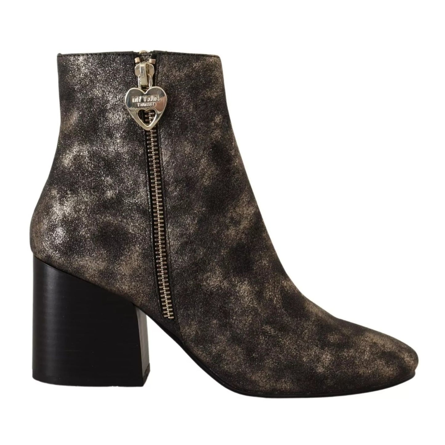 MY TWIN Black Leather Block Heels Ankle Boots Zipper Shoes