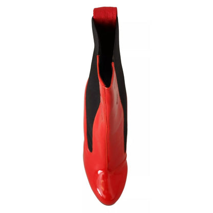 GCDS Red Leather Black Fabric Logo Heel Ankle Boots Shoes