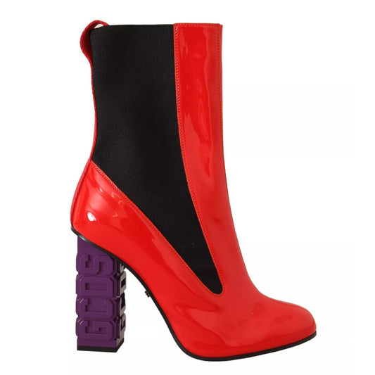 GCDS Red Leather Black Fabric Logo Heel Ankle Boots Shoes GCDS