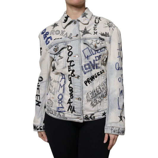 Dolce & Gabbana Light Blue Graffiti Button Down Denim Jacket Dolce & Gabbana