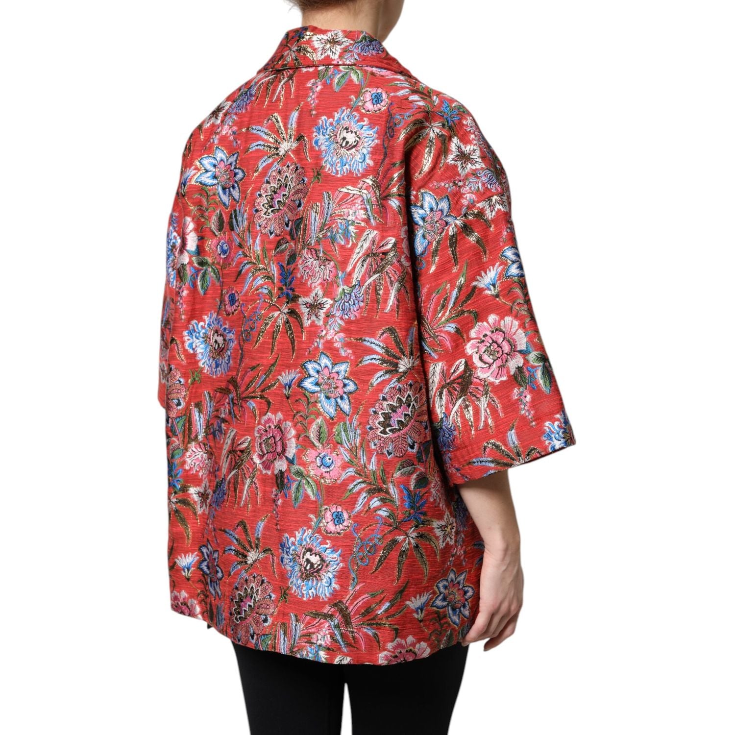 Dolce & Gabbana Red Floral Jacquard Button Down Coat Jacket