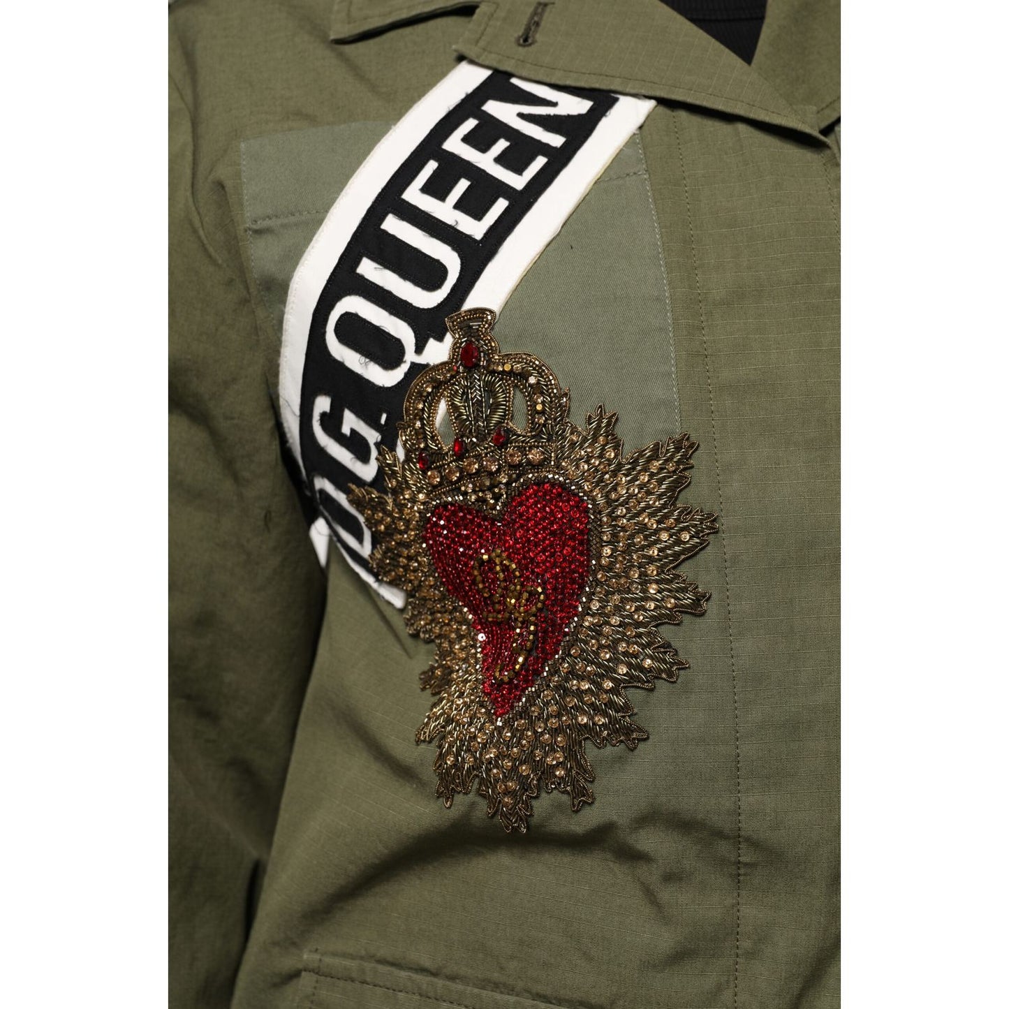 Dolce & Gabbana Military Green Queen Embellished Coat Jacket
