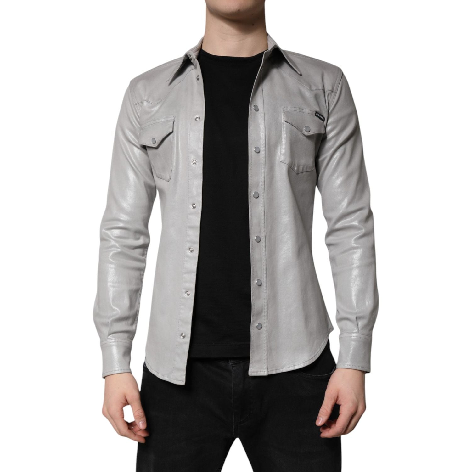 Dolce & Gabbana Metallic Gray Cotton Button Down Shirt