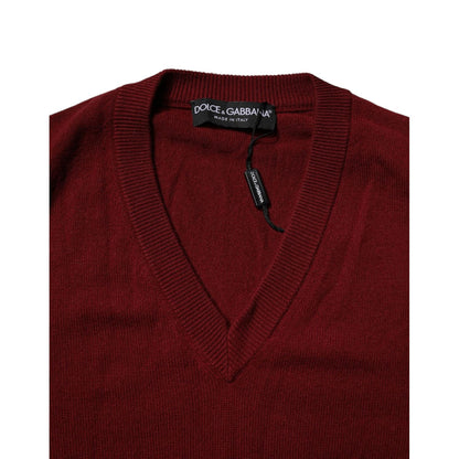 Dolce & Gabbana Maroon Cashmere V-neck Men Pullover Sweater