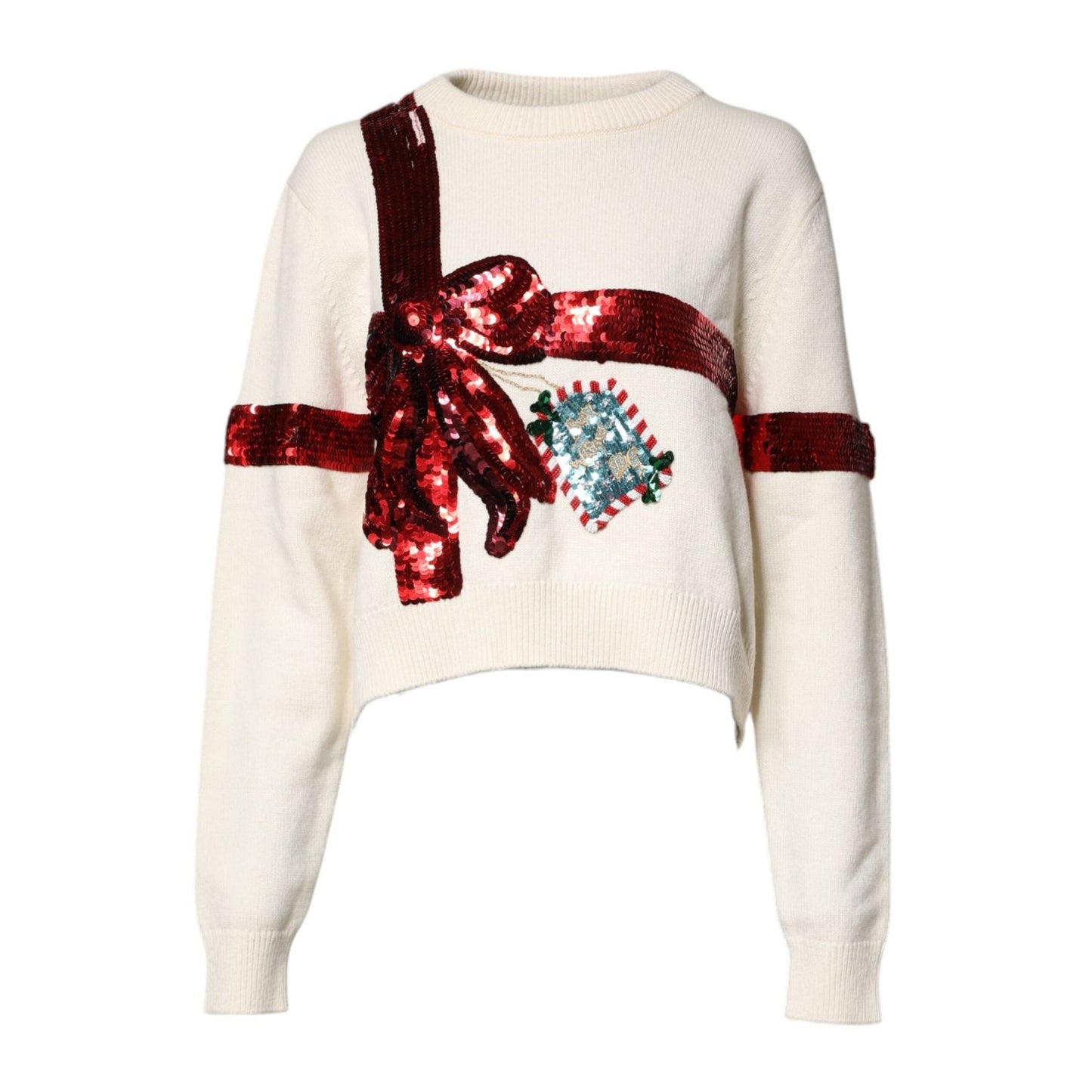Dolce & Gabbana White Sequined Crew Neck Pullover Sweater