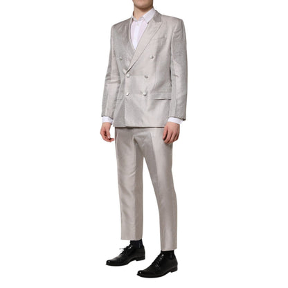 Dolce & Gabbana Light Gray Jacquard Silk Dotted 2 Piece Suit