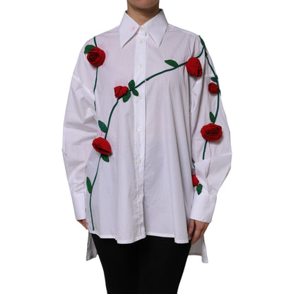 Dolce & Gabbana White Cotton Floral Appliques Dress Shirt Top