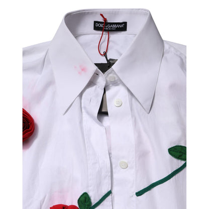 Dolce & Gabbana White Cotton Floral Appliques Dress Shirt Top
