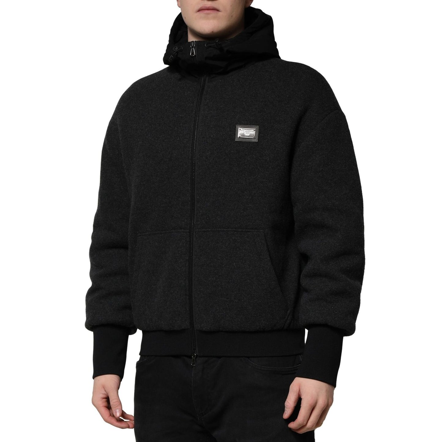 Dolce & Gabbana Black DG Logo Plaque Hooded Bomber Jacket
