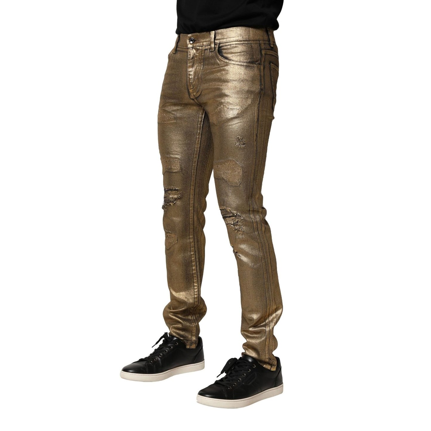Dolce & Gabbana Gold Tattered Cotton Stretch Slim Denim Jeans