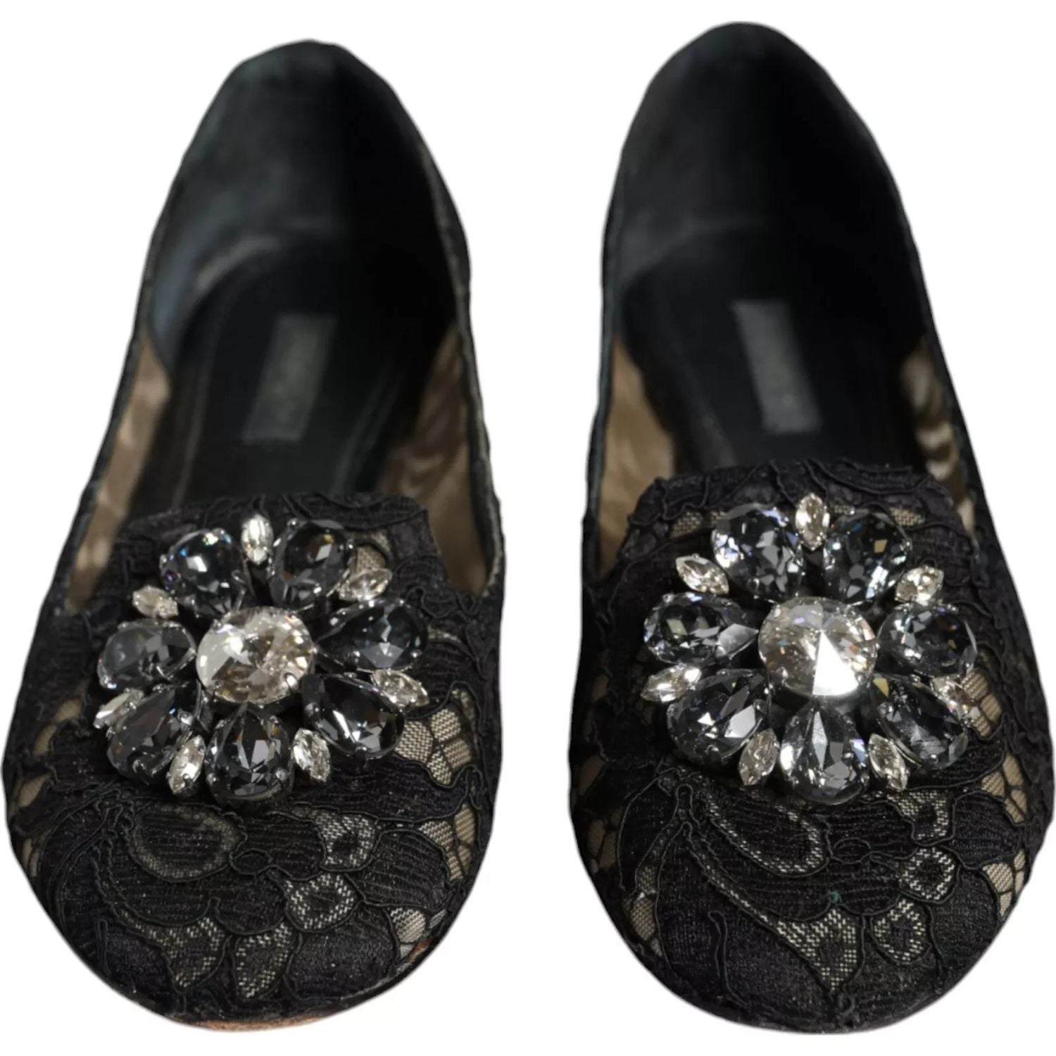Dolce & Gabbana Black Lace Crystal Ballet Flats Loafer Shoes