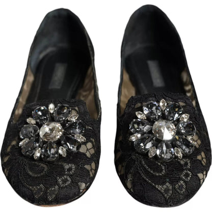 Dolce & Gabbana Black Lace Crystal Ballet Flats Loafer Shoes