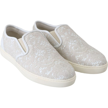 Dolce & Gabbana White Leather Lace Slip On Loafers Shoes WOMAN SNEAKERS