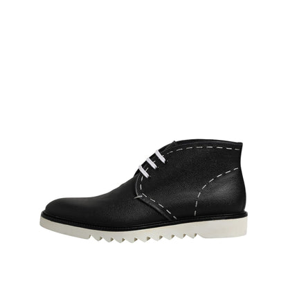 Dolce & Gabbana Black White Leather Ankle Boots Shoes