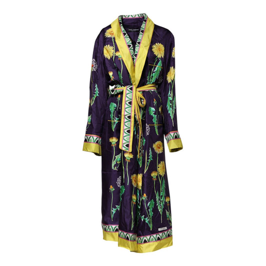 Dolce & Gabbana Blue Floral Print Silk Long Sleeves Wrap Robe