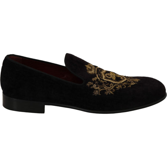 Dolce & Gabbana Elegant Black Loafers with Gold Crown Embroidery Dolce & Gabbana