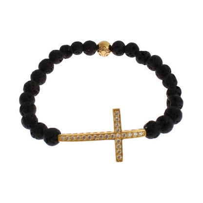 Nialaya Lava Stone Gold Clear CZ Cross 925 Silver Bracelet Nialaya