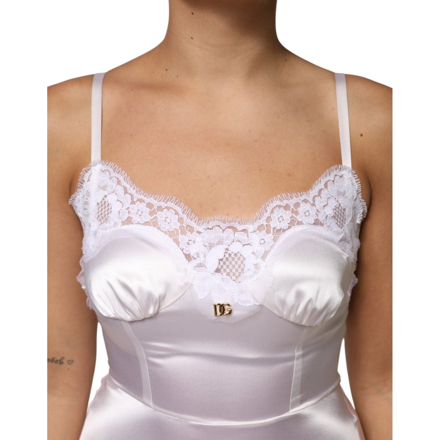 Dolce & Gabbana White Lace Gold DG Logo Silk Dress Sleepwear