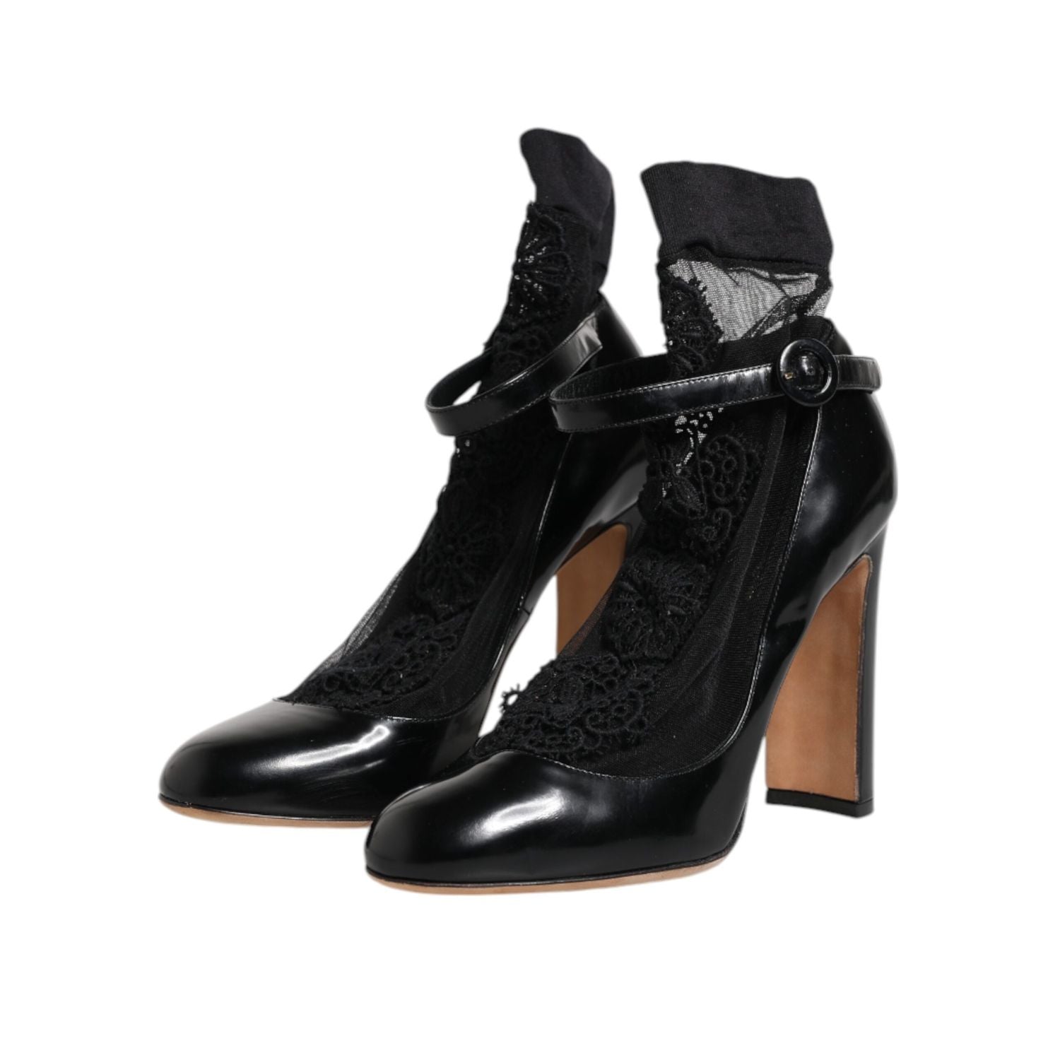 Dolce & Gabbana Black Leather Lace Socks Heels Pumps Shoes