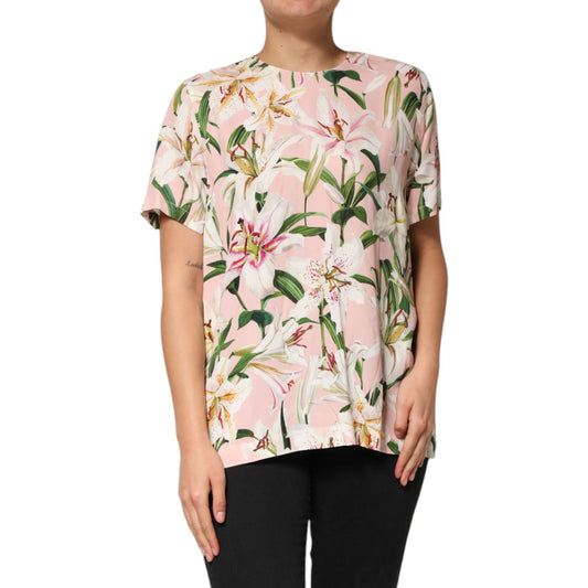 Dolce & Gabbana Pink Lily Printed Round Neck Blouse Top