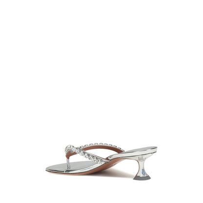 Amina Muaddi Silver Calf Leather Bos Taurus Stiletto Heel Sandals