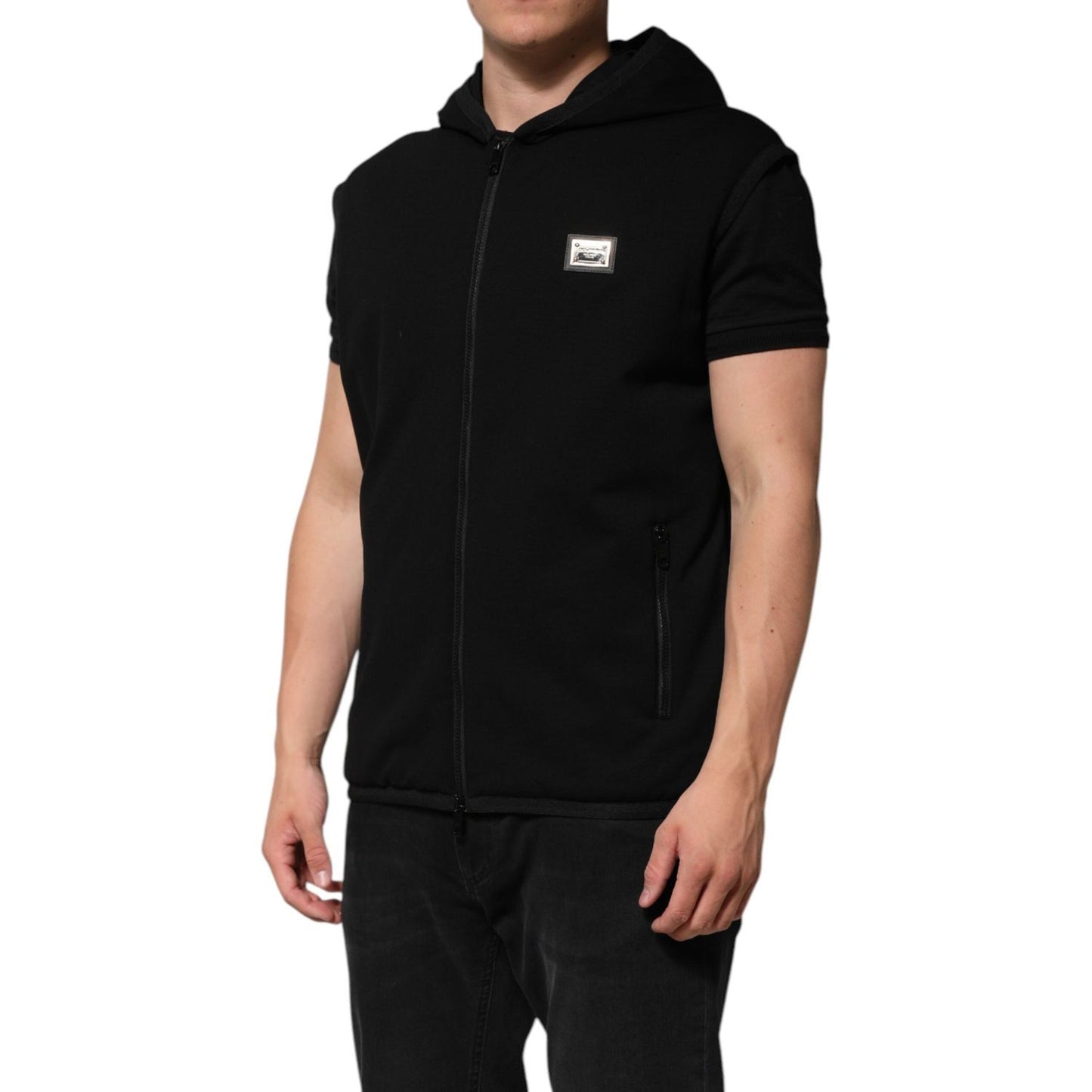 Dolce & Gabbana Black Sleeveless Hooded Logo Plaque Jacket