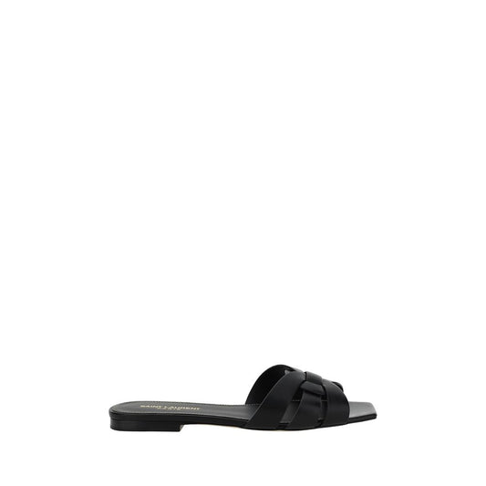 Saint Laurent Black Calf Leather Bos Taurus Flat Sandals