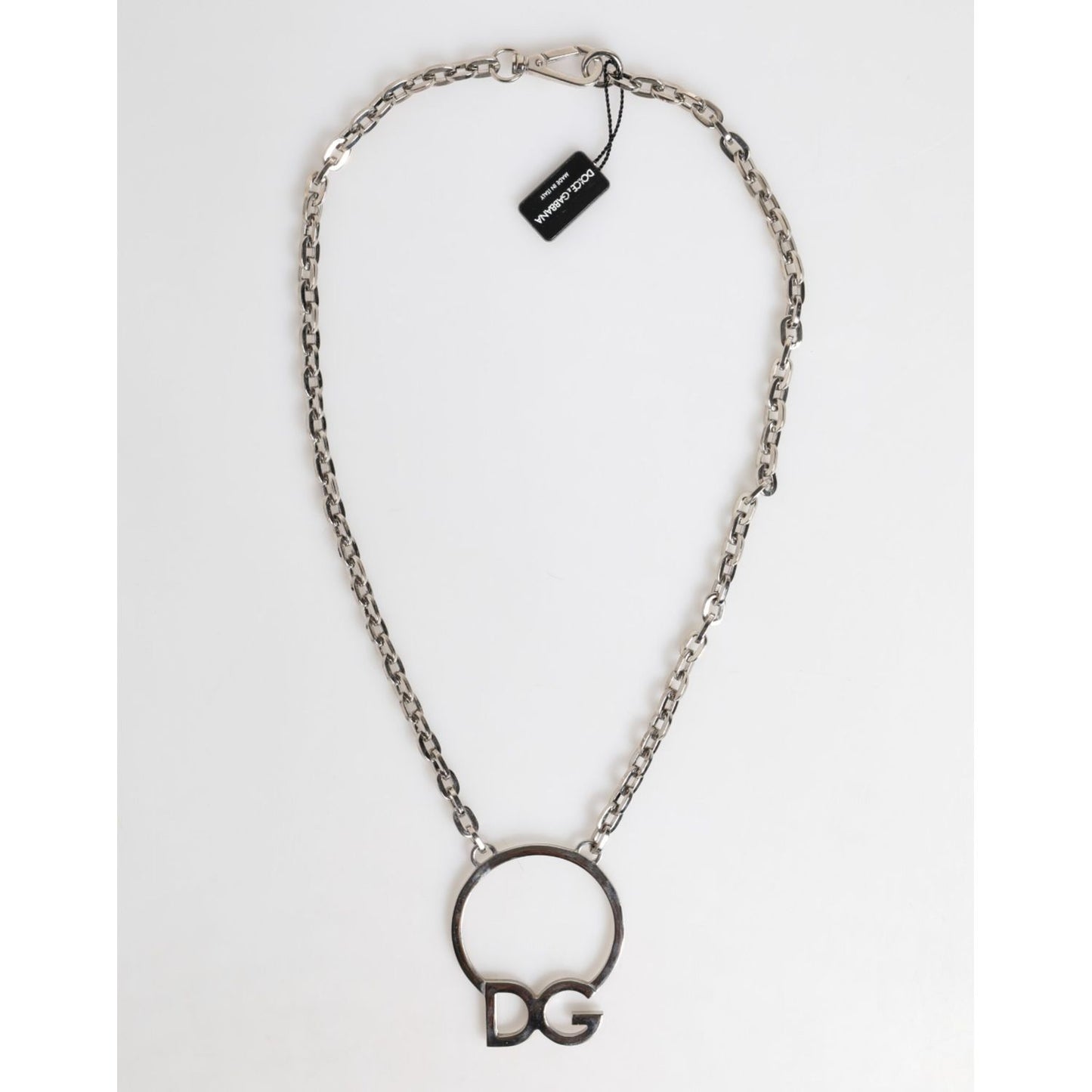 Dolce & Gabbana Silver Tone Brass Chain DG Logo Pendant Men Necklace