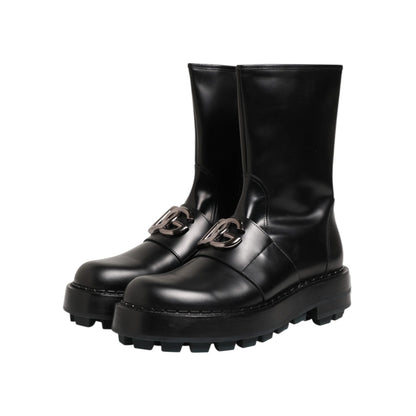 Dolce & Gabbana Black Logo Plaque Mid Calf Biker Boots Shoes