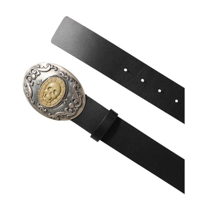 Dolce & Gabbana Black Leather Ornate Metal Buckle Men Belt