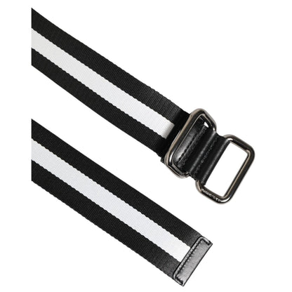 Dolce & Gabbana Black White Striped Logo Metal Buckle Belt