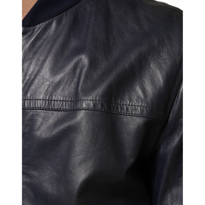Dolce & Gabbana Blue Leather Full Zip Biker Blouson Jacket
