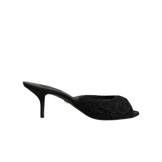 Dolce & Gabbana Black Embroidered Slip On Heels Slides Shoes