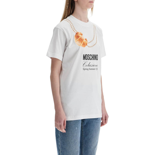 Moschino white cotton t-shirt with croissant and pearls print Topwear Moschino Light Gray