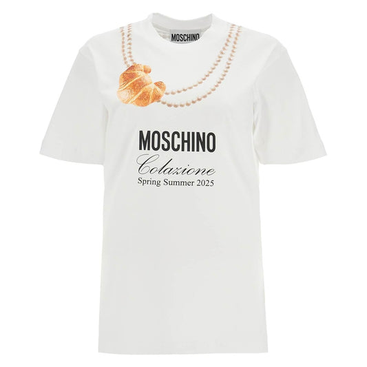 Moschino white cotton t-shirt with croissant and pearls print Topwear Moschino Beige