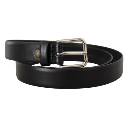 Dolce & Gabbana Black Calf Leather Silver Tone Logo Buckle Belt