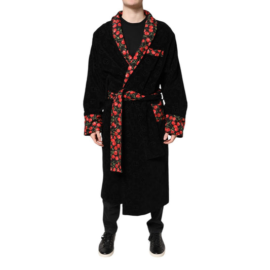 Dolce & Gabbana Black Cherry Print Wrap Robe Men Coat Jacket