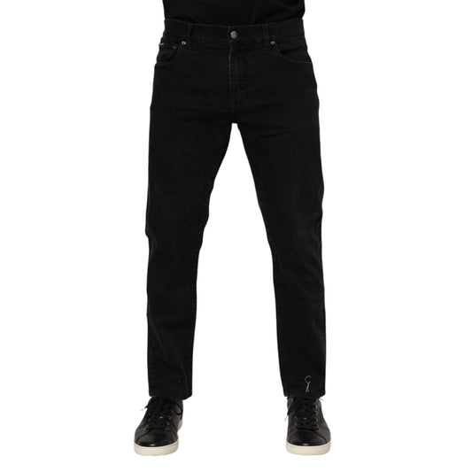 Dolce & Gabbana Black Cotton Logo Plaque Slim Fit Denim Jeans