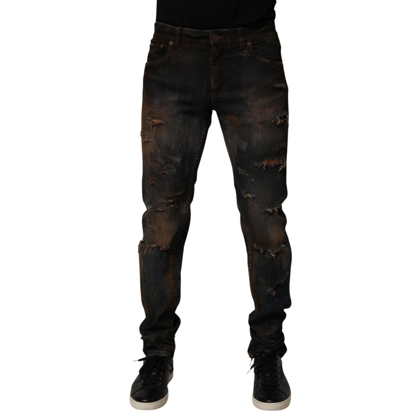 Dolce & Gabbana Black Cotton Skinny Tattered Men Denim Jeans