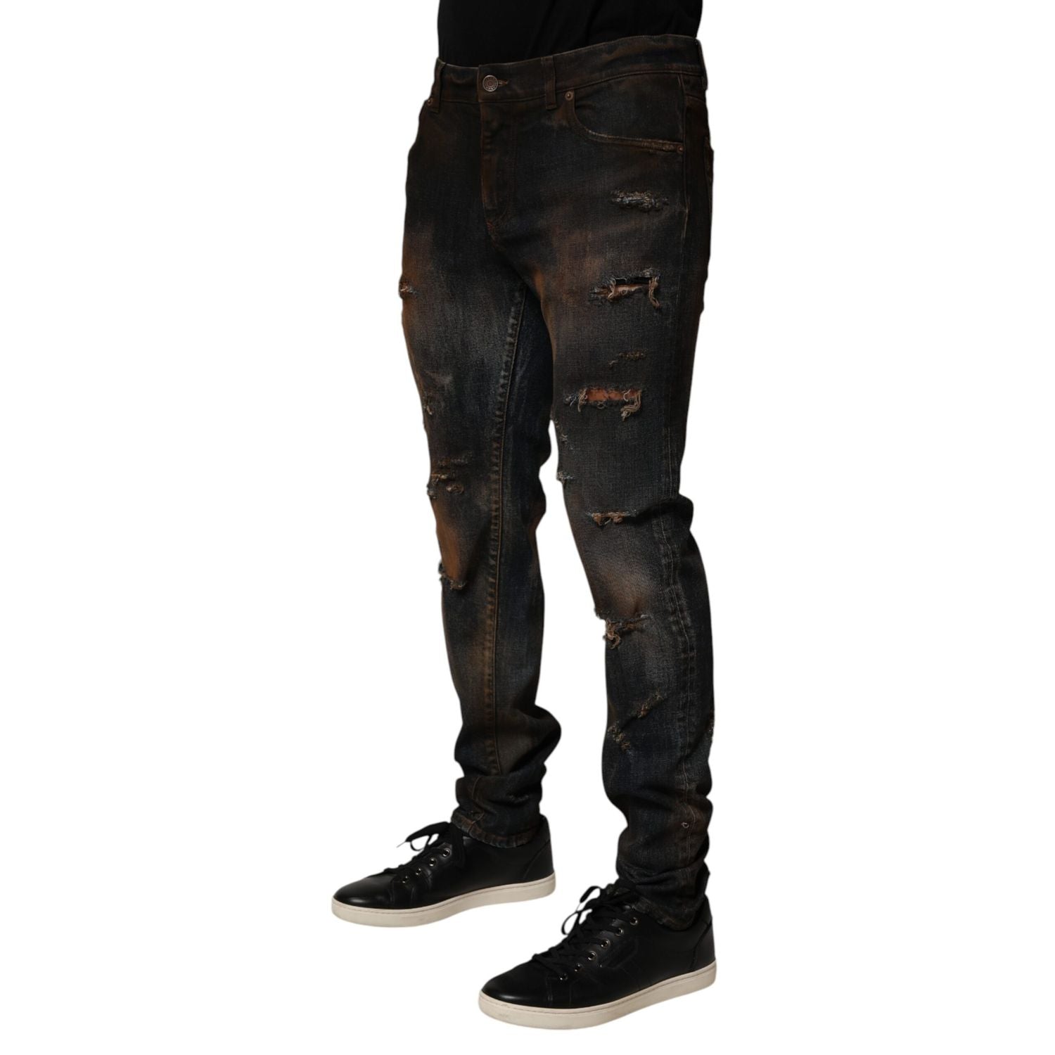 Dolce & Gabbana Black Cotton Skinny Tattered Men Denim Jeans