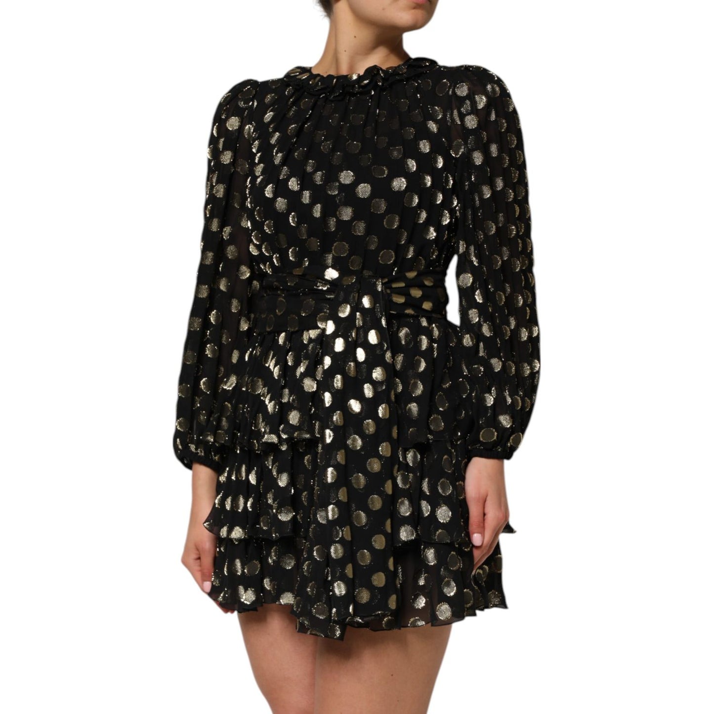 Dolce & Gabbana Black Gold Polka Dot Silk Brocade Mini Dress
